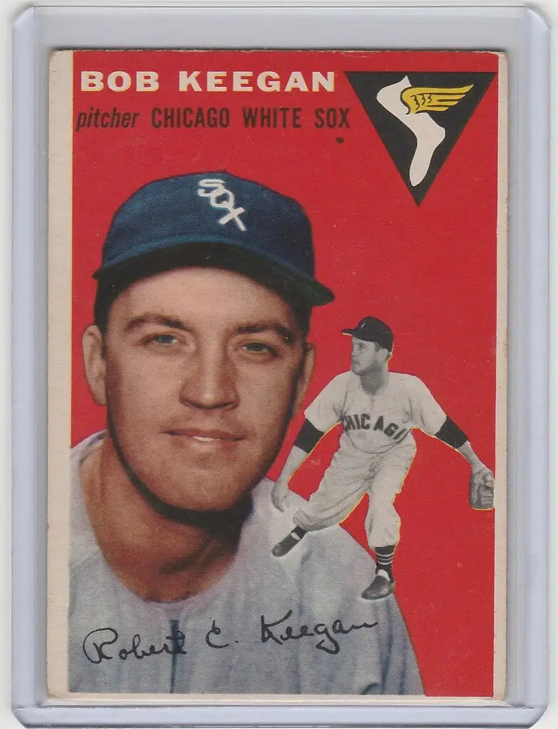 Vintage 1954 Topps Bob Keegan Chicago White Sox baseball card with pitcher headshot and action pose