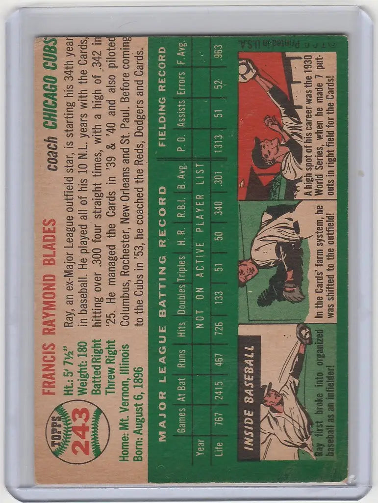 Vintage 1954 Topps #243 Ray Blades Chicago Cubs EXMT baseball card with player stats