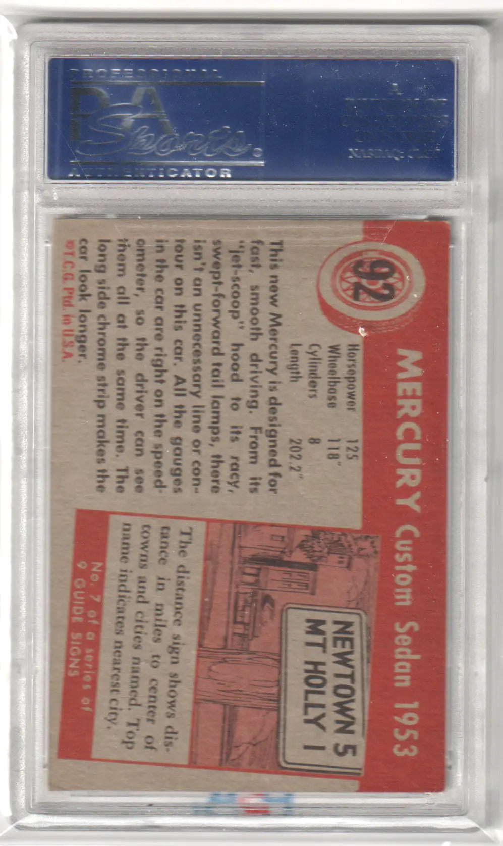 Vintage baseball card in protective holder featuring 1954 World On Wheels Mercury #92