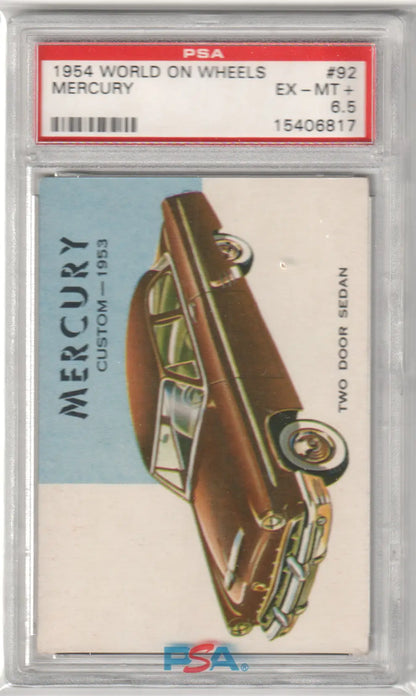 PSA-graded trading card of a brown 1954 Mercury automobile from Wheels Mercury collection