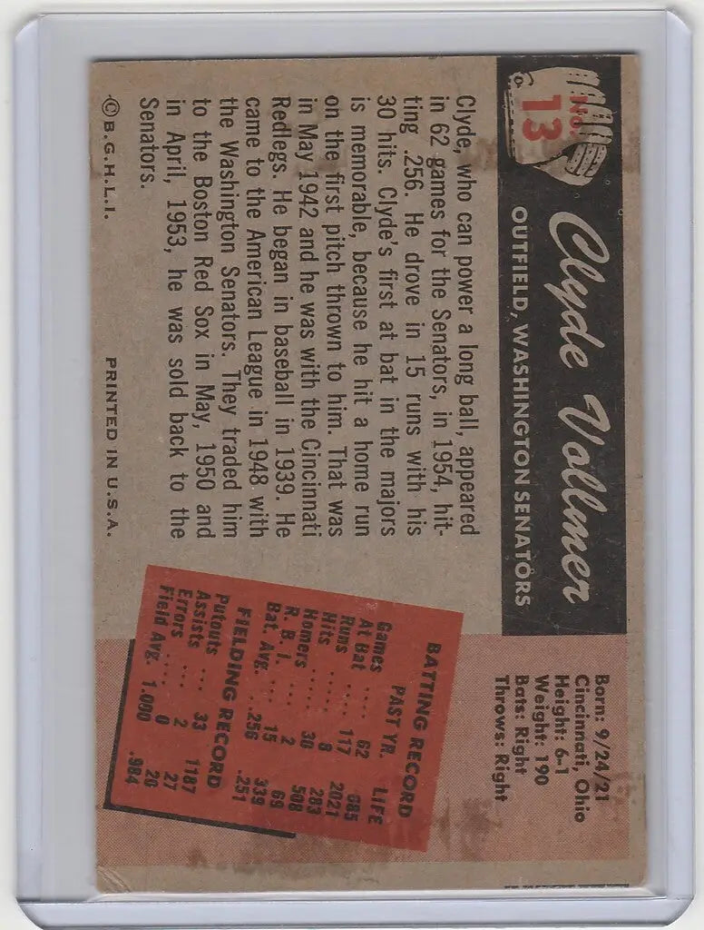 Baseball card of Clyde Vollmer, Washington Senators player statistics and biography