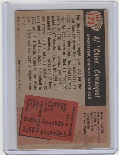 Vintage 1955 Bowman #173 baseball card featuring Chico Carrasuel Chicago White Sox stats