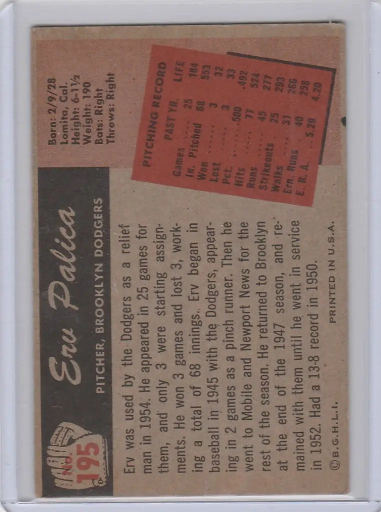 Vintage baseball card of Erv Palica from the Brooklyn Dodgers with player stats