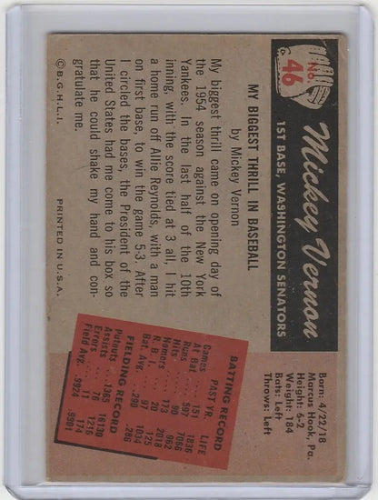 Baseball card featuring Mickey Vernon Washington statistics from 1955 Bowman #46