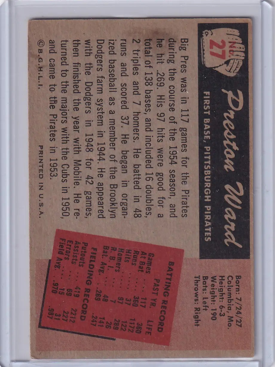 Vintage 1955 Bowman Baseball card of Preston Ward from the Pittsburgh Pirates