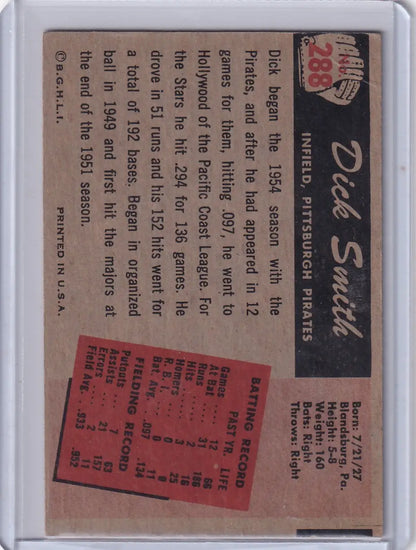 Vintage Dick Smith 1955 Bowman Baseball card featuring Pittsburgh Pirates RC