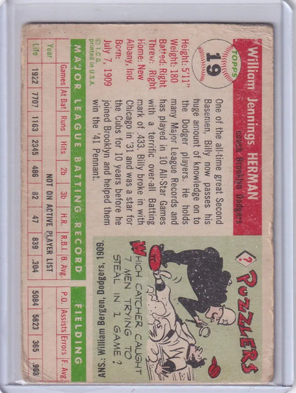 Vintage baseball card featuring Billy Herman of the Brooklyn Dodgers with artwork and stats