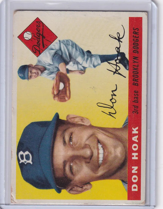 Vintage 1955 Topps baseball card of Don Hoak from the Brooklyn Dodgers in a blue cap