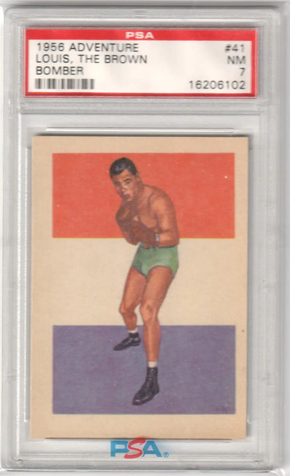 PSA-graded 1956 Adventure Bomber Louis boxing trading card with colorful background