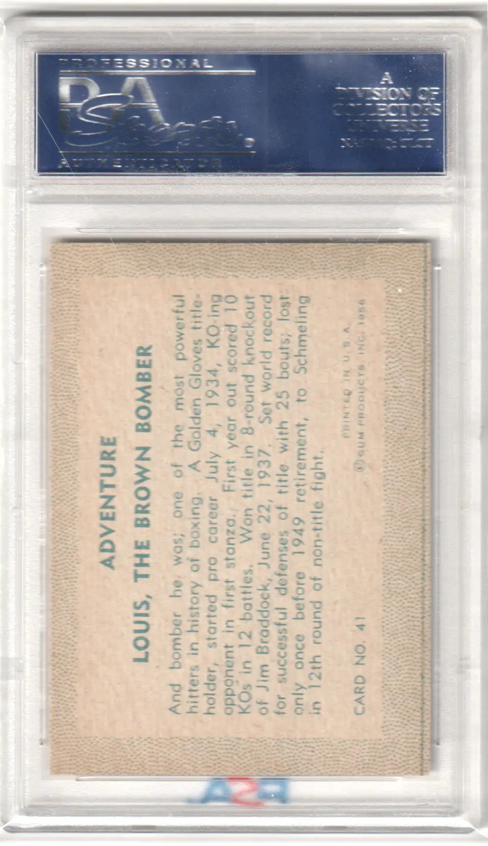 Back view of 1956 Adventure Bomber Louis, The Brown #41 PSA 7 NM trading card in case