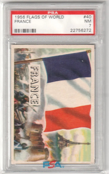 PSA-graded 1956 Flags of the World trading card featuring the French tricolor flag