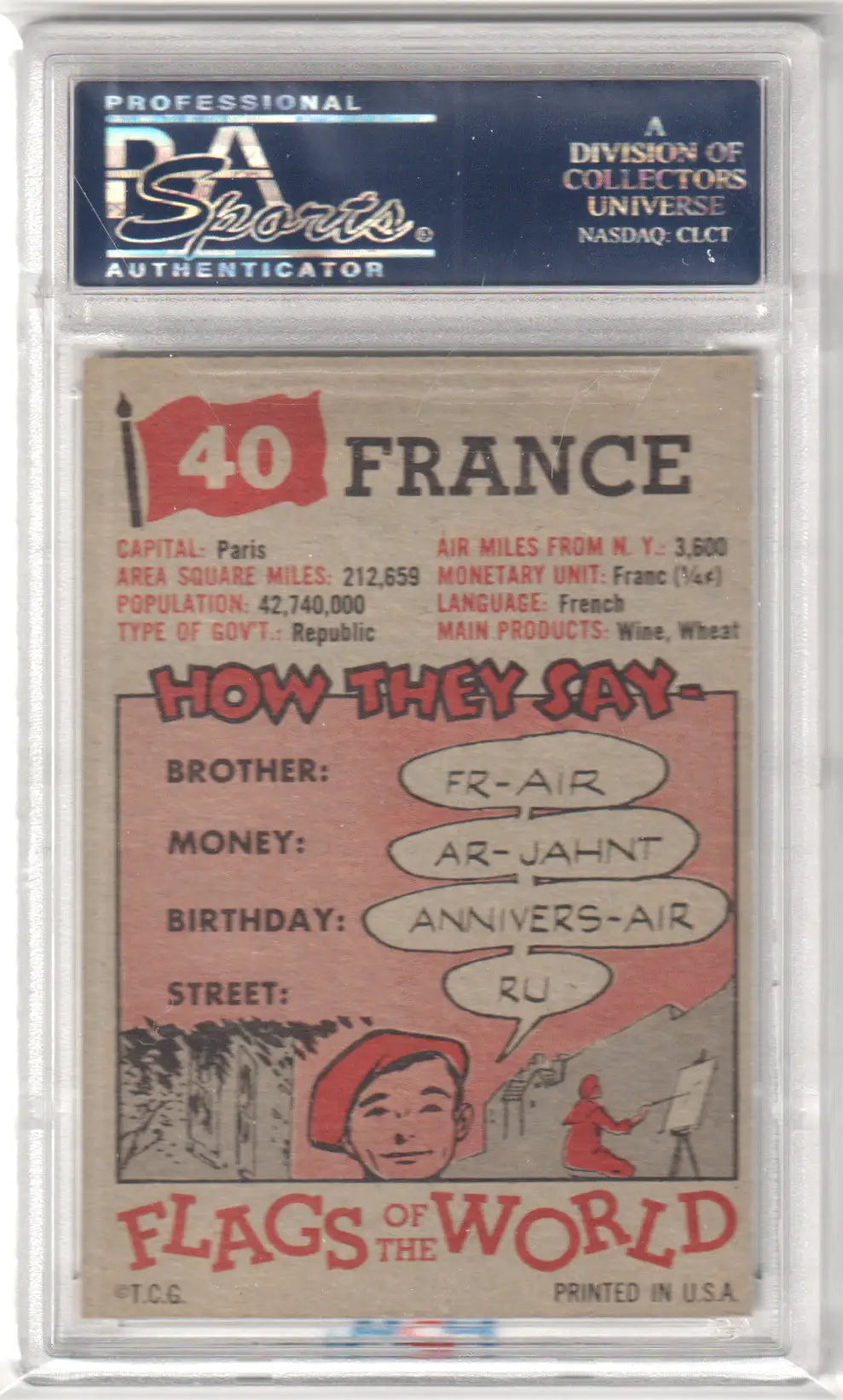 Vintage trading card of World France from 1956 Flags of the World series in holder