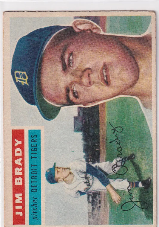 Vintage 1956 Topps #126 Jim Brady - Detroit Tigers baseball card on a green background