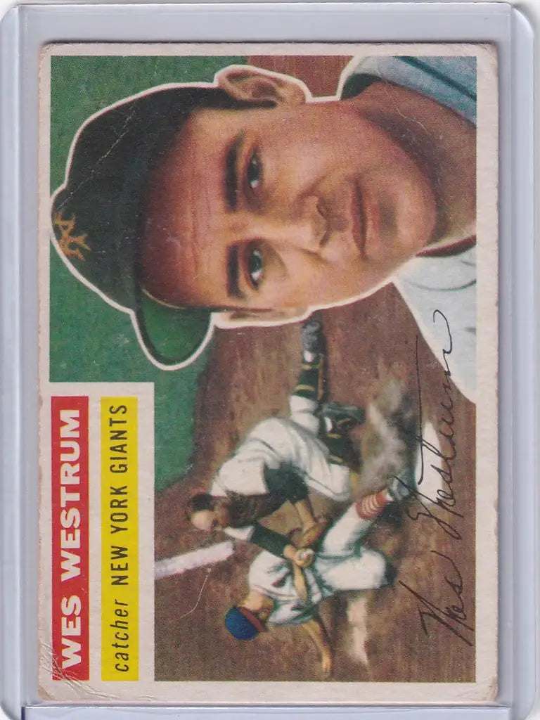 Baseball card of Wes Westrum, New York Giants player with action shot below