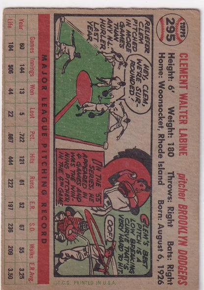 Vintage baseball trading card featuring Clem Labine of the Brooklyn Dodgers with comic-style art