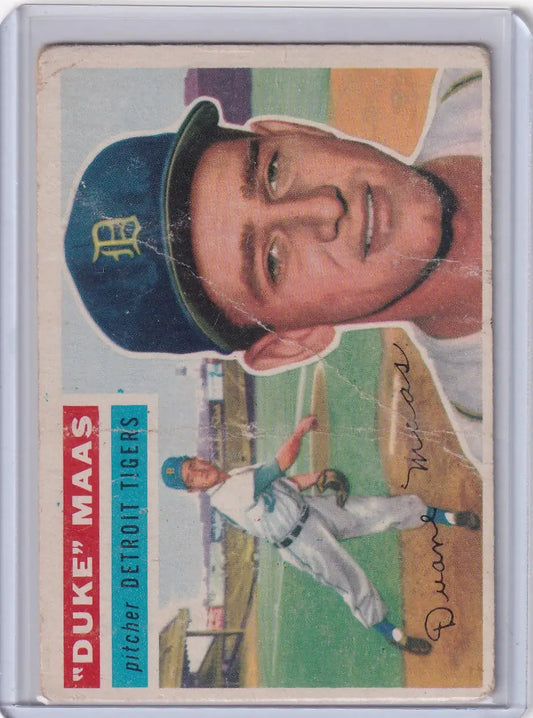 Vintage 1956 Topps baseball card of Duke Maas - Detroit Tigers player collectible