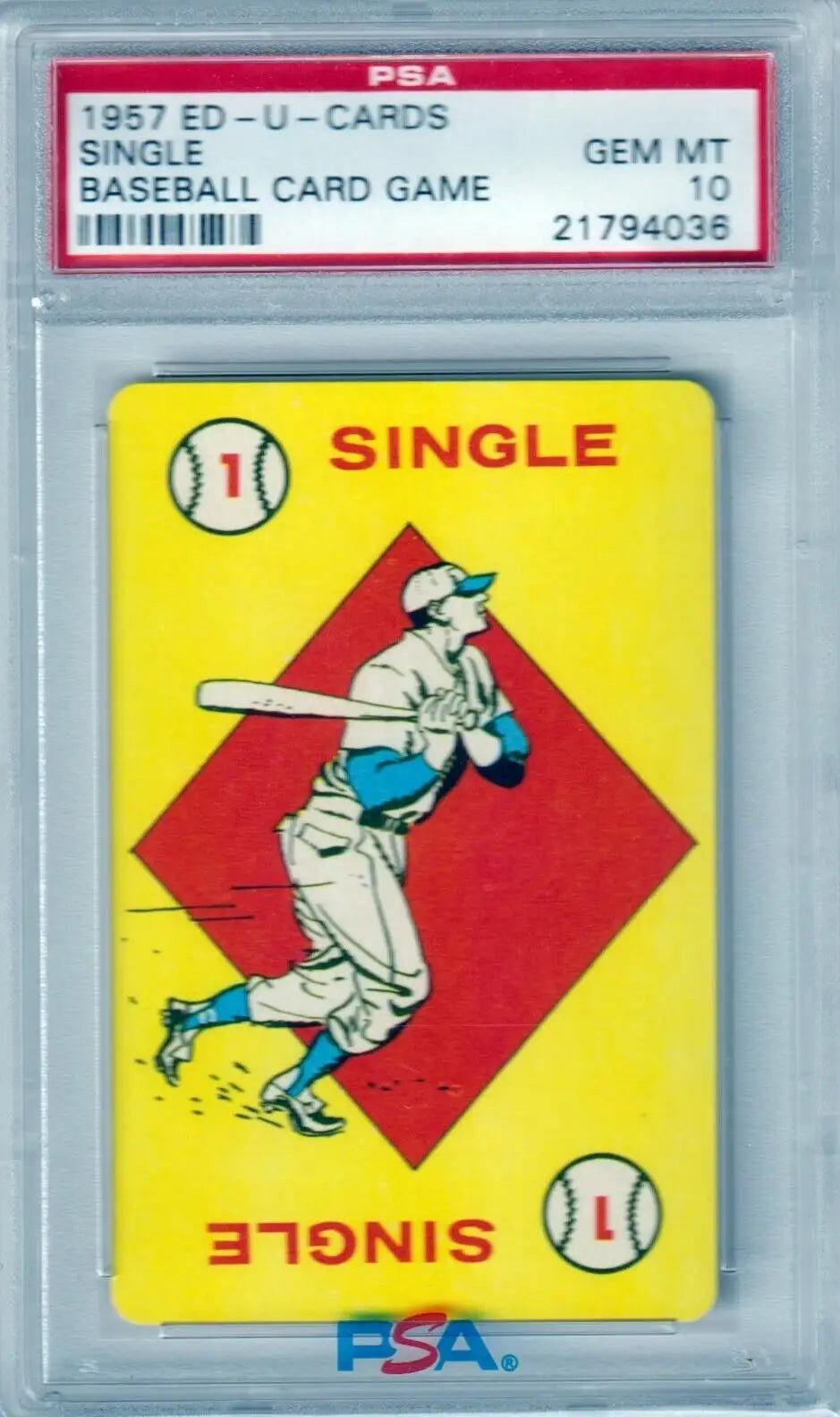 PSA 10 GEM MINT 1957 Ed-U-Cards Single Baseball Card Game with cartoon batter design