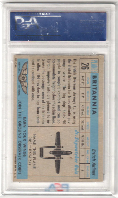 Vintage trading card of military aircraft in protective holder from 1957 Planes Red series