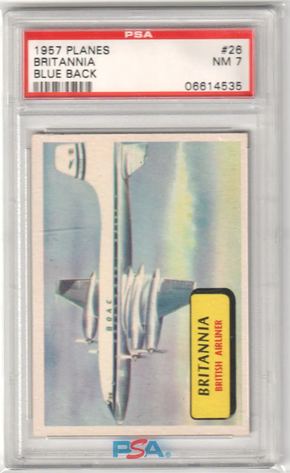 PSA-graded 1957 Planes Red Blue Back Britannia trading card showcasing aircraft design