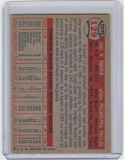 Vintage Baseball Card of 1957 Topps Saul Rogovin Philadelphia Phillies EXMT Player Stats