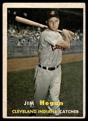 Vintage 1957 Topps #136 Jim Hegan baseball card featuring Cleveland Indians player