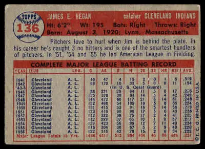 Vintage 1957 Topps #136 Jim Hegan baseball card back featuring Cleveland Indians player