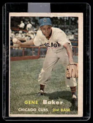 Gene Baker baseball card from 1957 Topps #176b featuring complete name on back