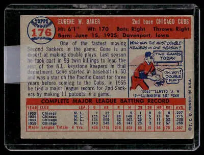 Vintage baseball card back of 1957 Topps 176b Gene Baker with complete name