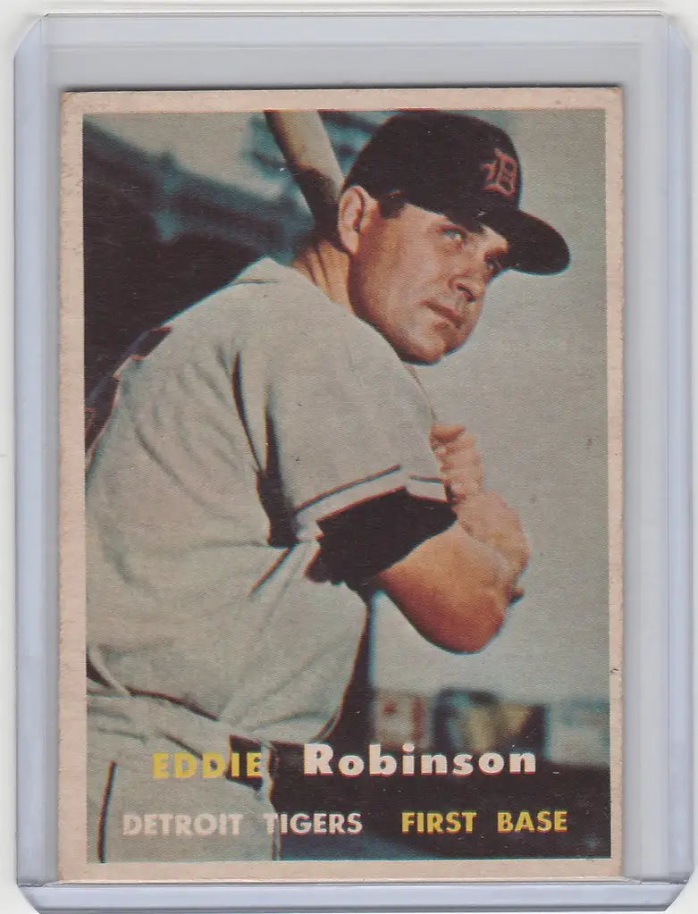 Baseball card of Eddie Robinson Detroit Tigers first baseman in uniform and cap