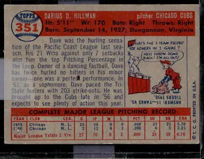 Vintage 1957 Topps #351 Dave Hillman baseball card back for collectors and fans