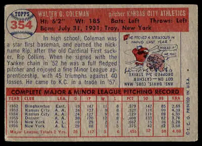 Vintage baseball card featuring 1957 Topps #354 Rip Coleman of the Kansas City Athletics