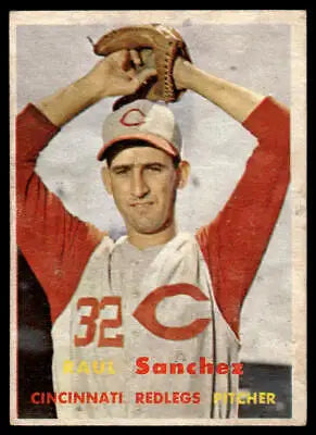 Vintage 1957 Topps #393 Raul Sanchez baseball card featuring Cincinnati Redlegs player