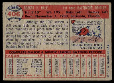 Vintage baseball card back of 1957 Topps 406 Bob Hale for Baltimore Orioles collectors