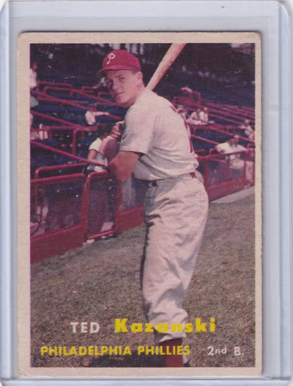 Vintage Topps Baseball card of Ted Kazanski in batting stance for Philadelphia Phillies