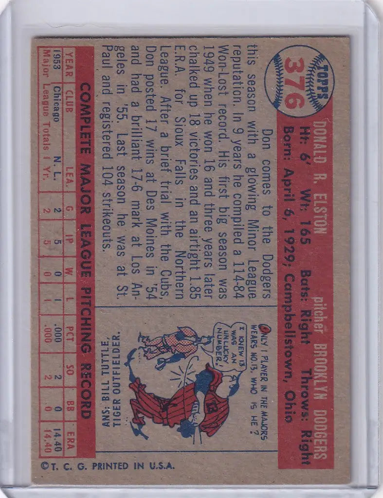 Vintage 1957 Topps Baseball card of Don Elston featuring Brooklyn Dodgers stats and illustration