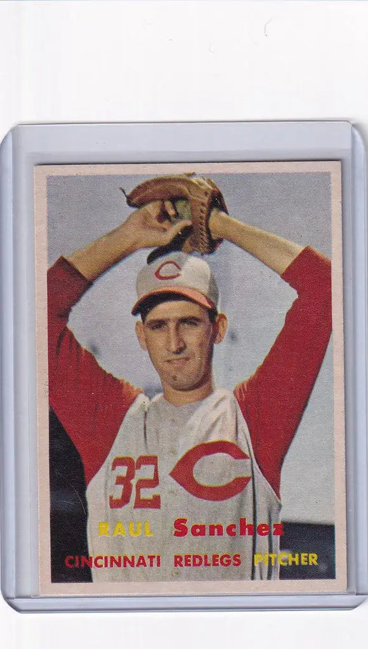 Baseball card of Raul Sanchez Cincinnati Reds in pitching stance from 1957 Topps Baseball