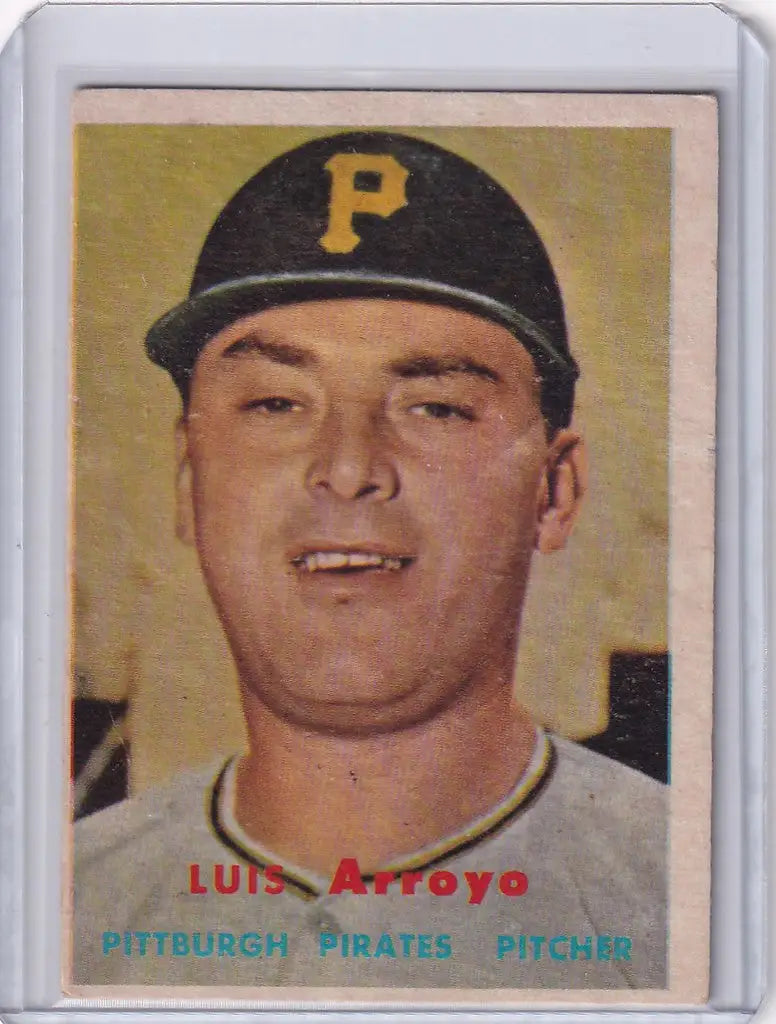 Vintage Topps Baseball card of Luis Arroyo, Pittsburgh Pirates pitcher in black cap