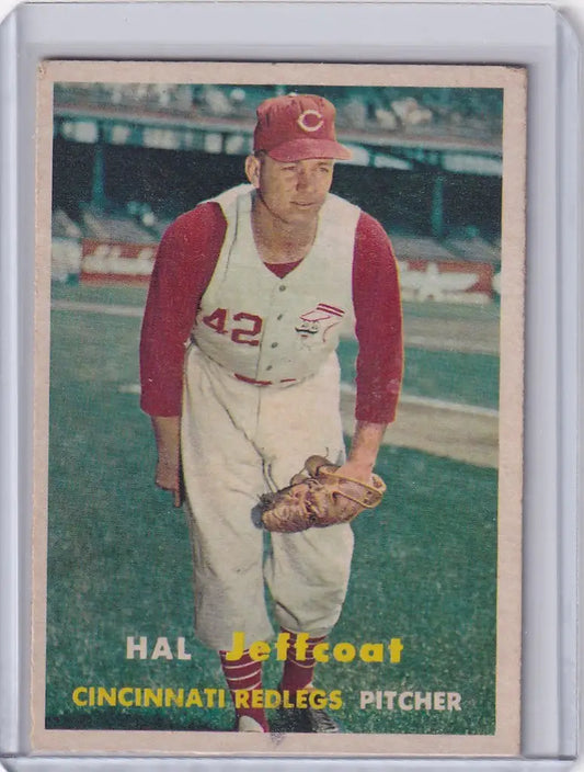 Vintage 1957 Topps Baseball card of Hal Jeffcoat, Cincinnati Reds pitcher in uniform