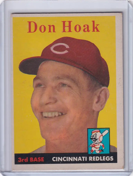 Baseball card of Don Hoak smiling in a Cincinnati Reds cap, perfect for trading cards collectors