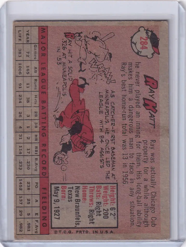 Vintage 1958 Topps baseball card of Ray Katt from San Francisco Giants with stats