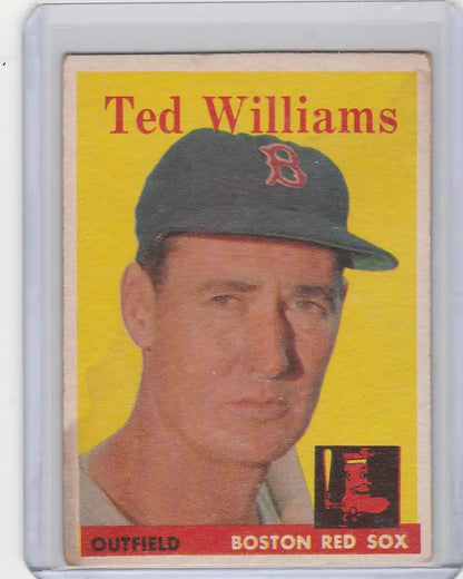 Baseball card of Ted Williams, Boston Red Sox outfielder, from Topps Baseball 1958