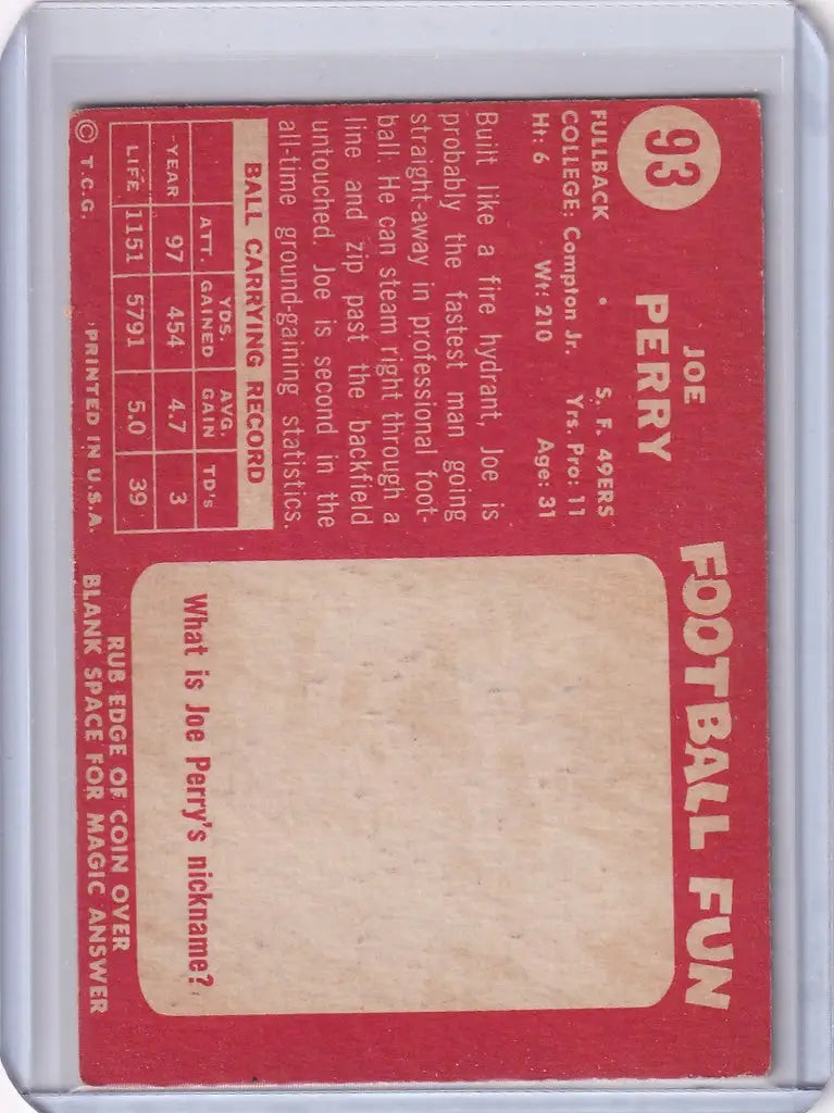 Vintage 1958 Topps Football card of Joe Perry, San Francisco 49ers, with red background