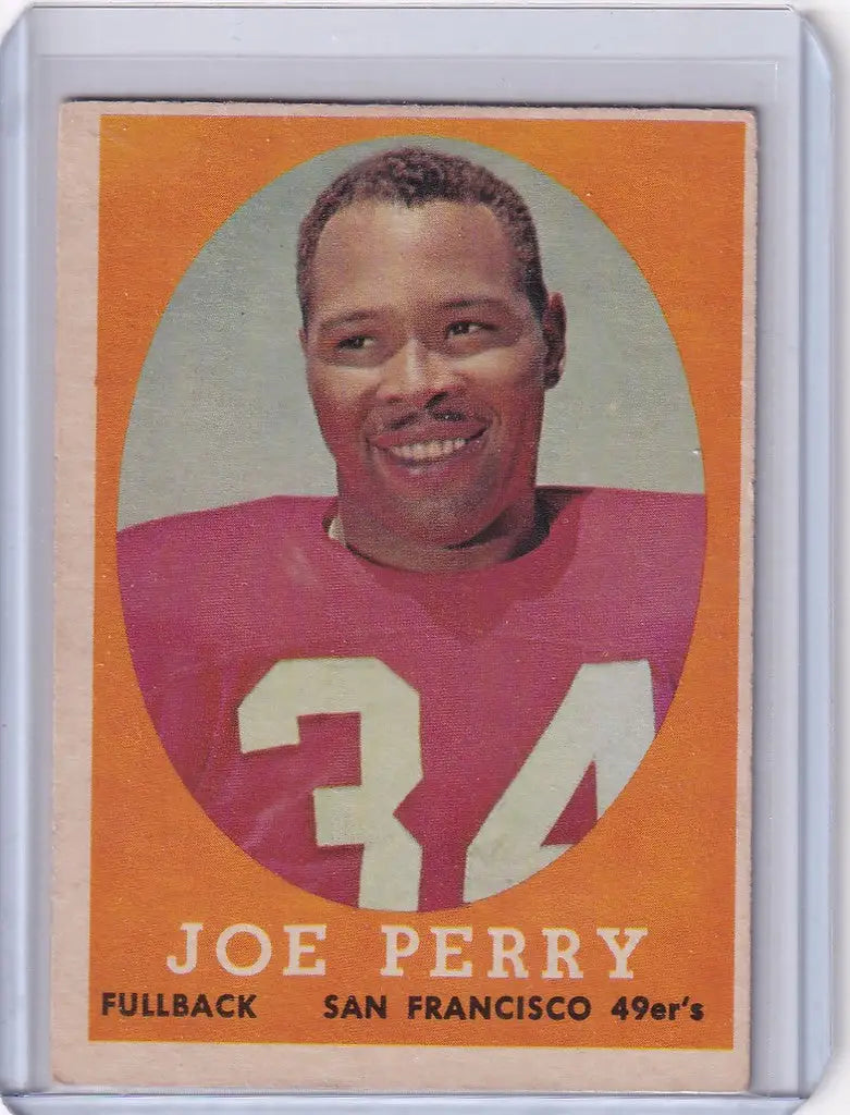 Vintage Topps Football card of Joe Perry in red jersey 34 for San Francisco 49ers