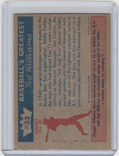 Fleer Ted Williams card with player stats and red silhouette of player fielding