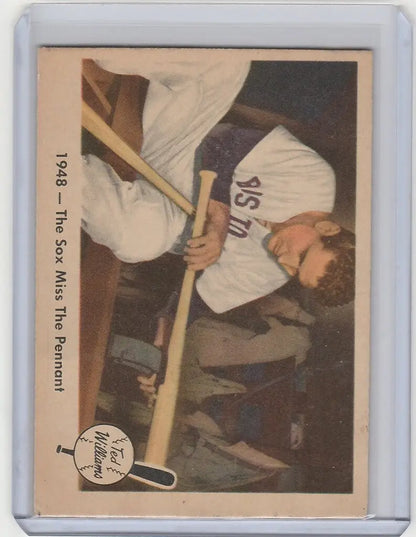 Vintage Fleer Ted Williams baseball card with player holding bat from 1959 set