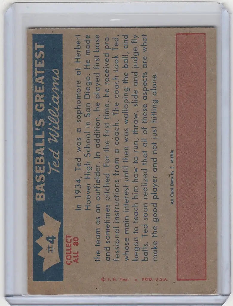 Fleer Ted Williams baseball card featuring text about Ted Learns The Fine Points EXMT