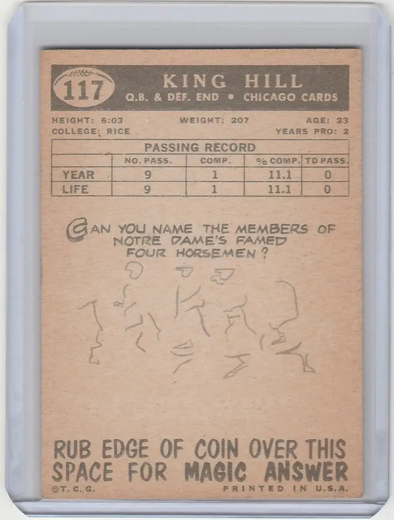 Vintage 1959 Topps #117 King Hill Chicago Cardinals EXMT trading card with stats and scratch-off