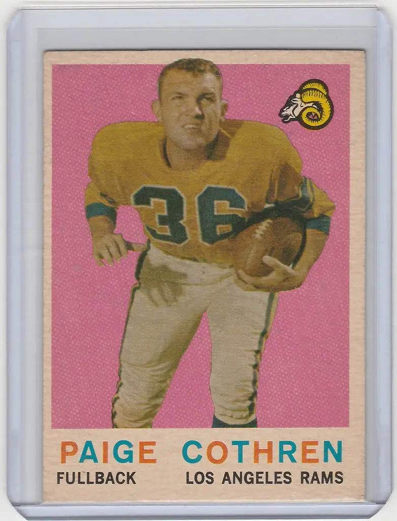 Vintage football card of Paige Cothren, Los Angeles Rams fullback in yellow jersey