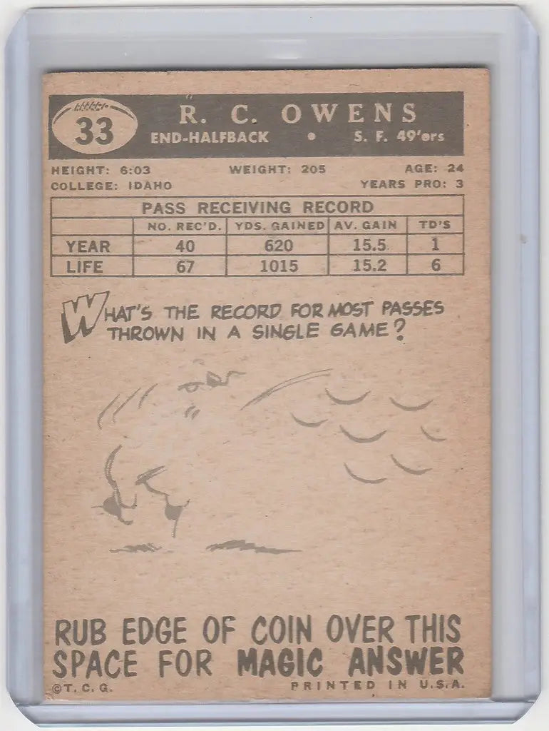 Vintage R.C. Owens San Francisco 49ers trading card from 1959 Topps #33 EX condition