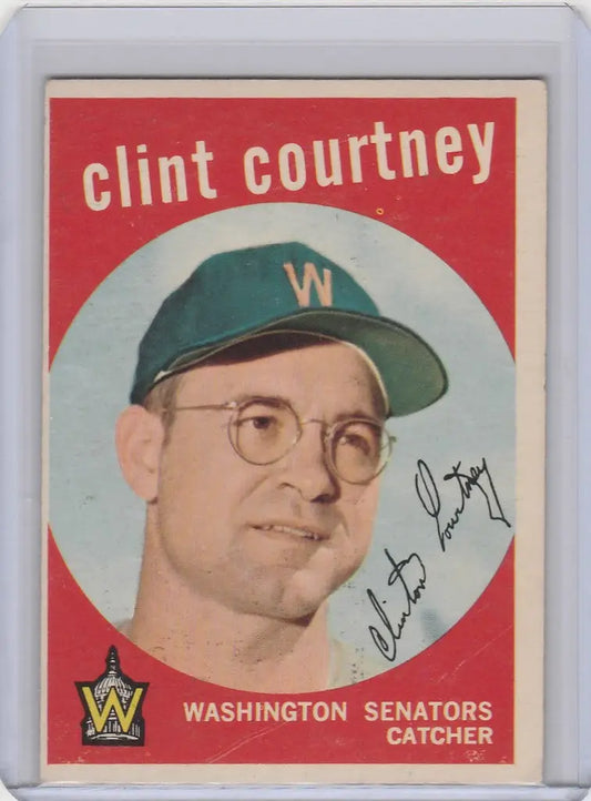 Vintage baseball card of Clint Courtney, Washington Senators catcher, glasses, and cap